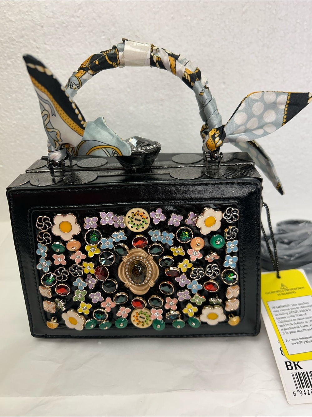 Black Mini Top-Handle Bag with Multicolored Floral Jewel Embellishments